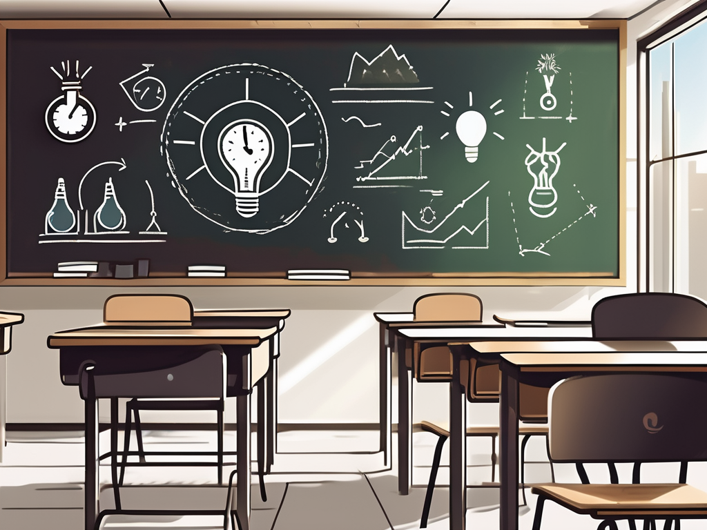 A classroom in dubai with a chalkboard displaying five different symbols representing innovative teaching techniques