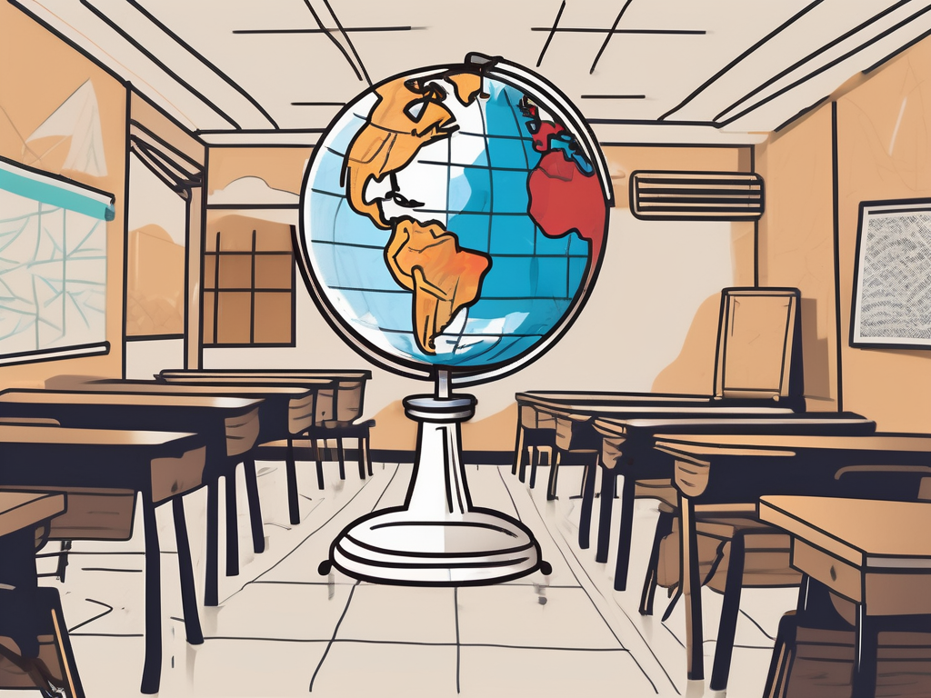 A virtual classroom setup with different cultural elements from around the world