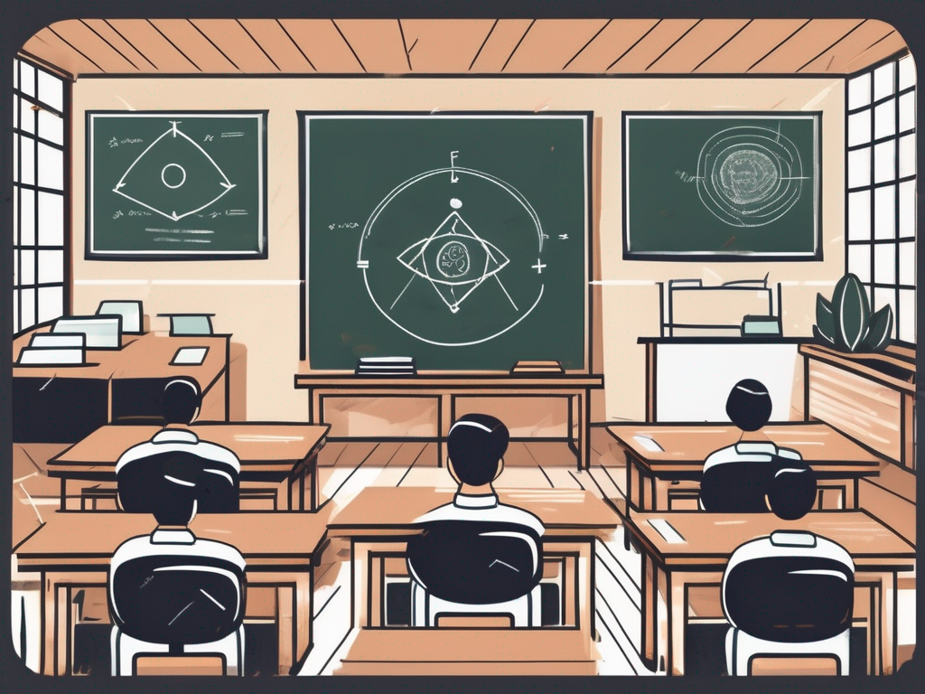 A classroom setting in thailand with a chalkboard displaying five distinct symbols representing different teaching techniques