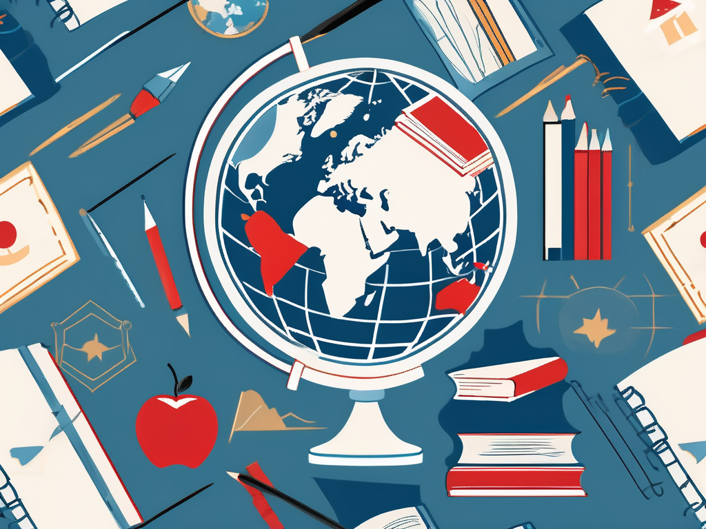 A globe with various educational symbols like books