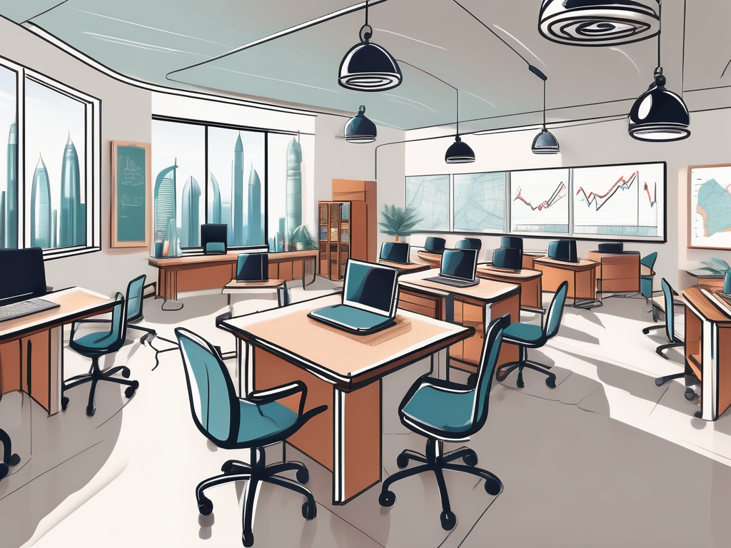 A modern classroom in dubai with various educational tools like headphones