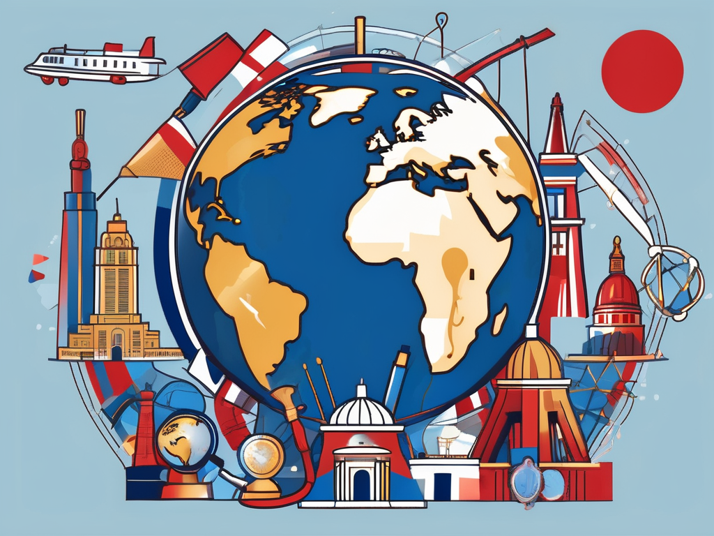A globe surrounded by various iconic educational symbols like books