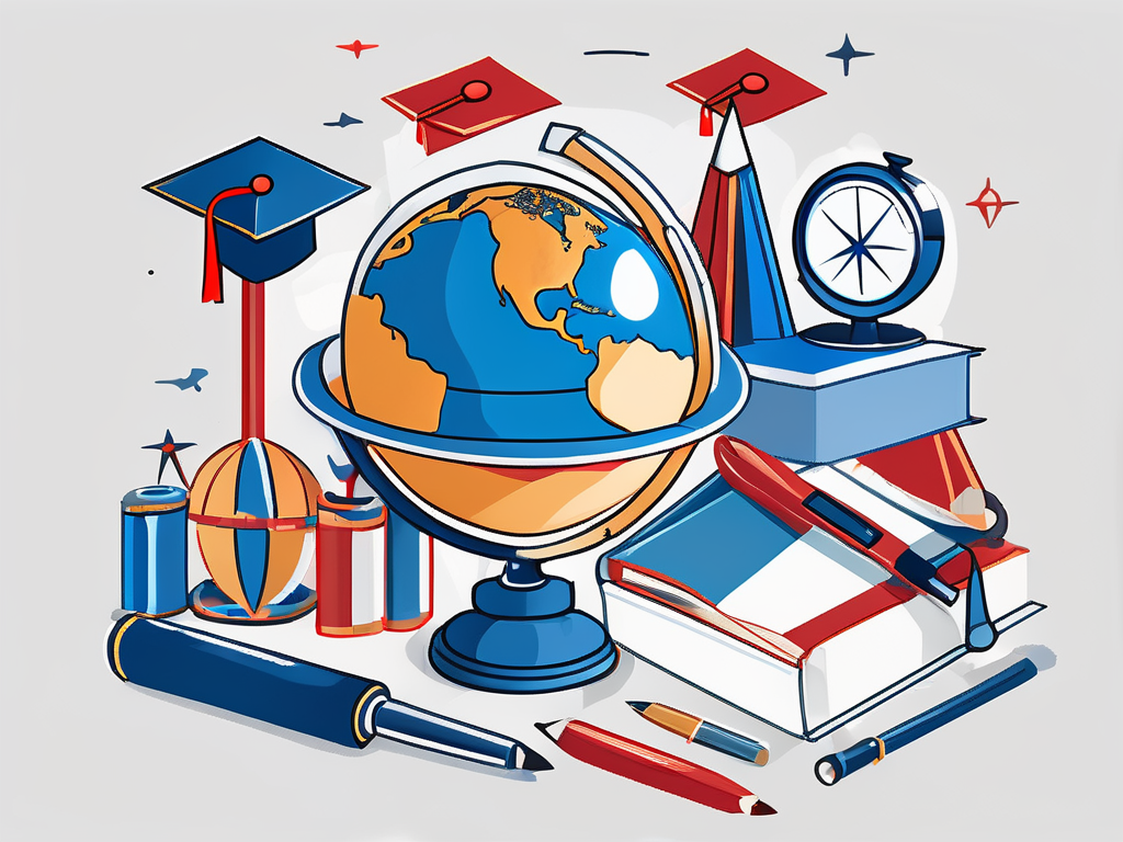 A globe surrounded by various educational tools such as a compass
