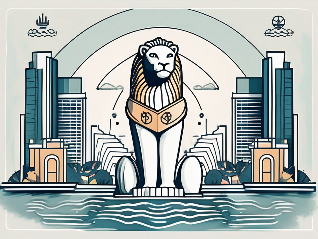 A key unlocking a symbolic representation of singapore (like a merlion or marina bay sands)