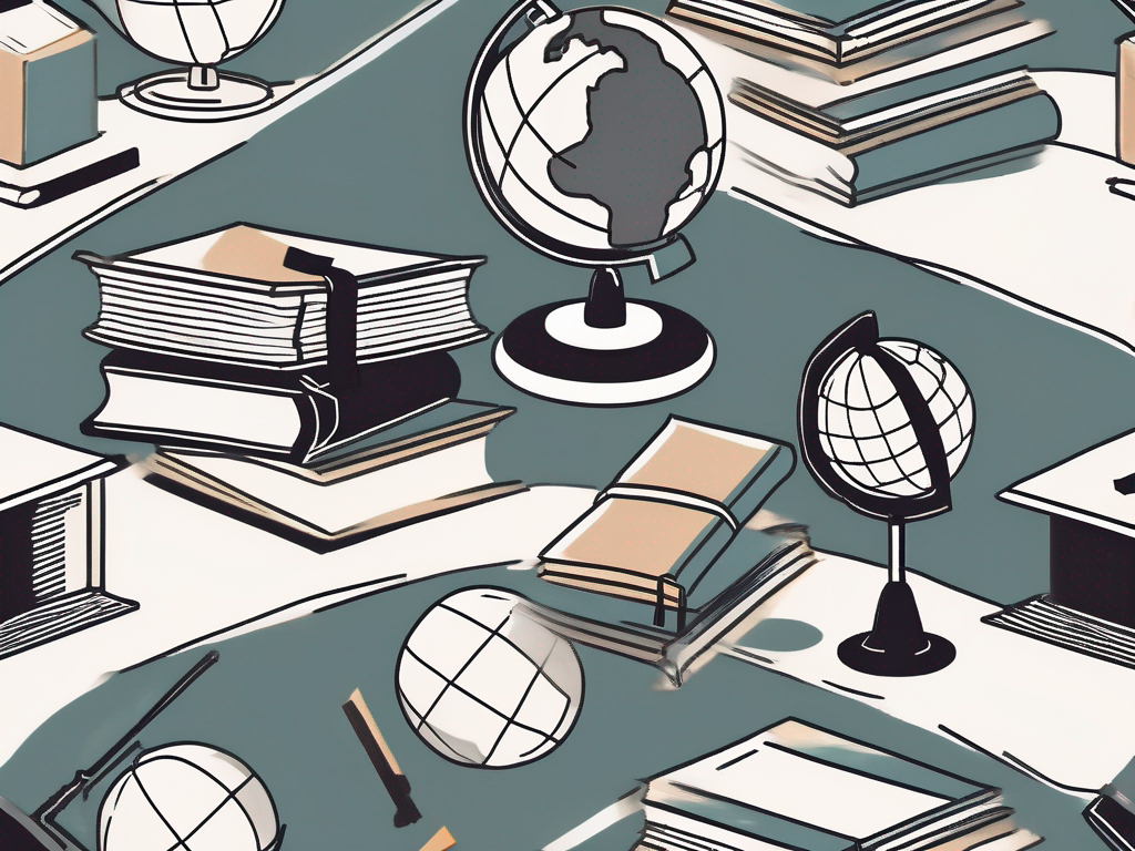 A globe with various educational symbols like graduation caps