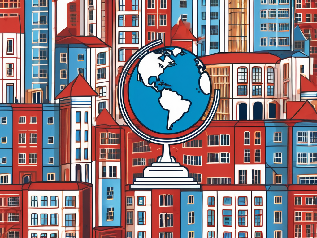 A globe with various school buildings scattered across different countries