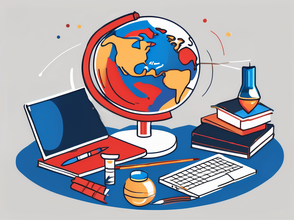 A globe surrounded by various educational tools such as books