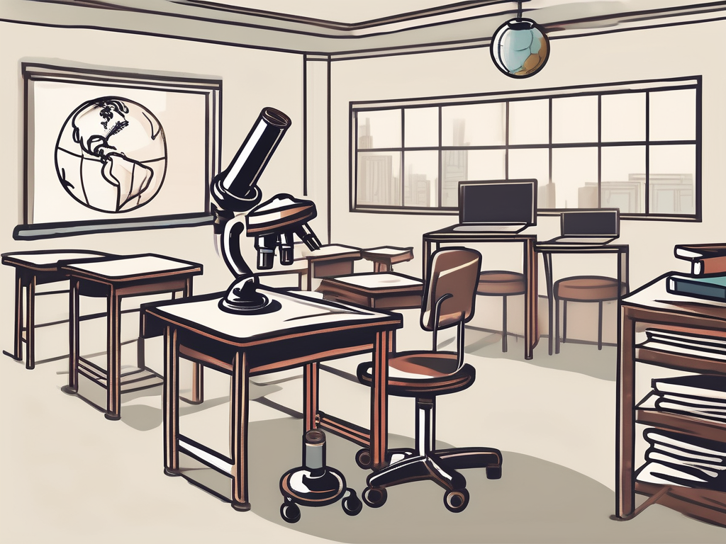 A classroom setting with various educational tools such as books