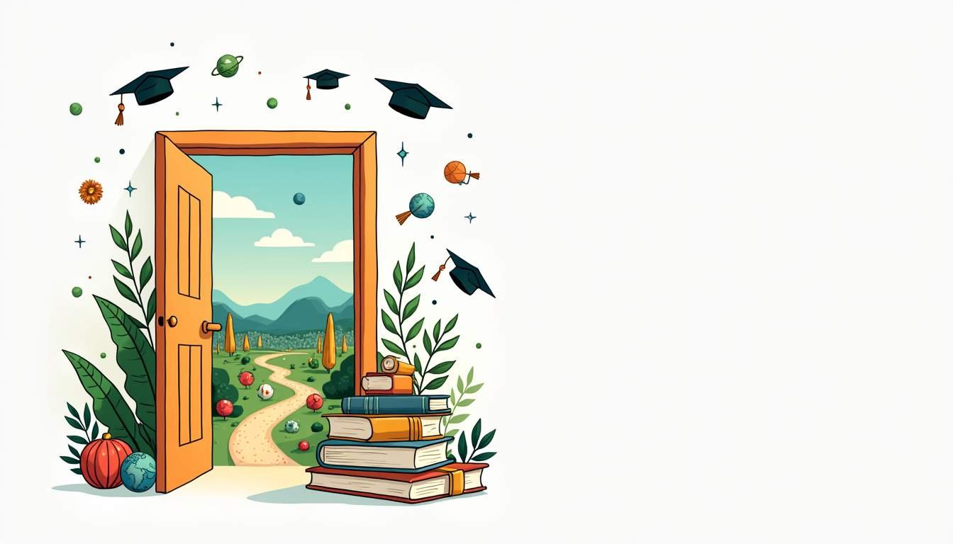 An open door leading to a vibrant landscape filled with diverse educational symbols