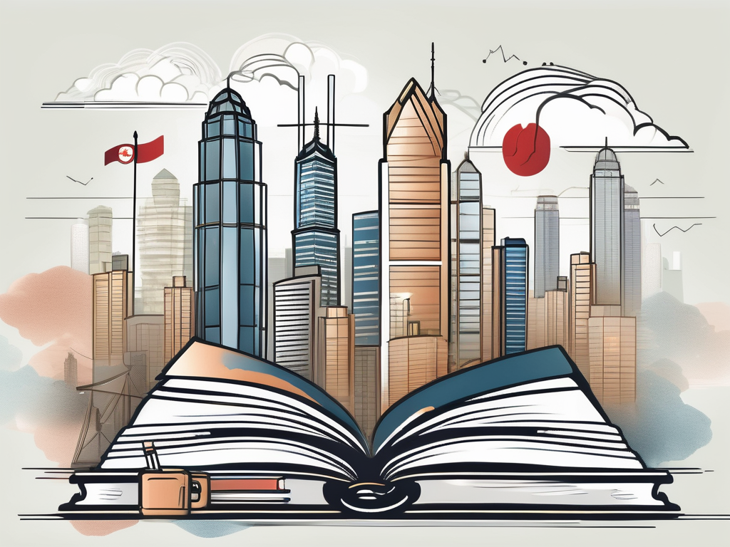 A symbolic representation of hong kong's skyline with elements of traditional and modern education tools