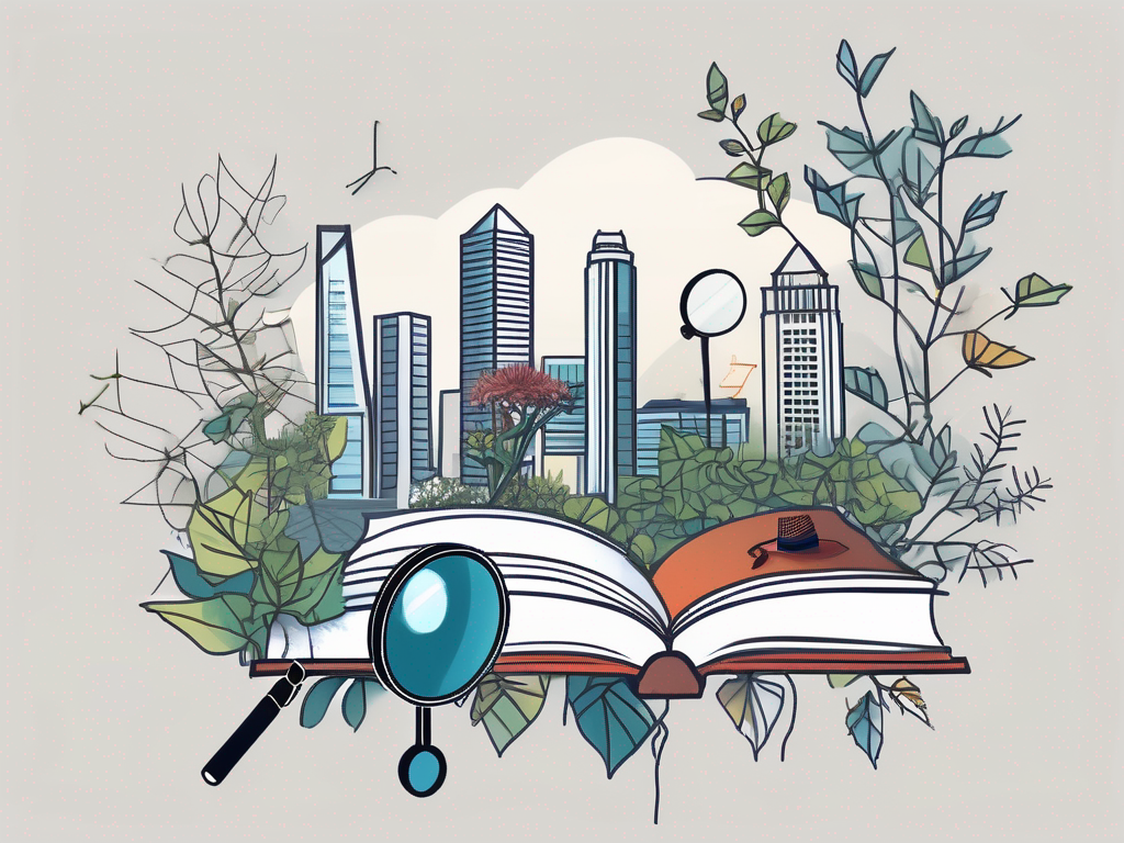 A symbolic singapore skyline with various educational symbols like books