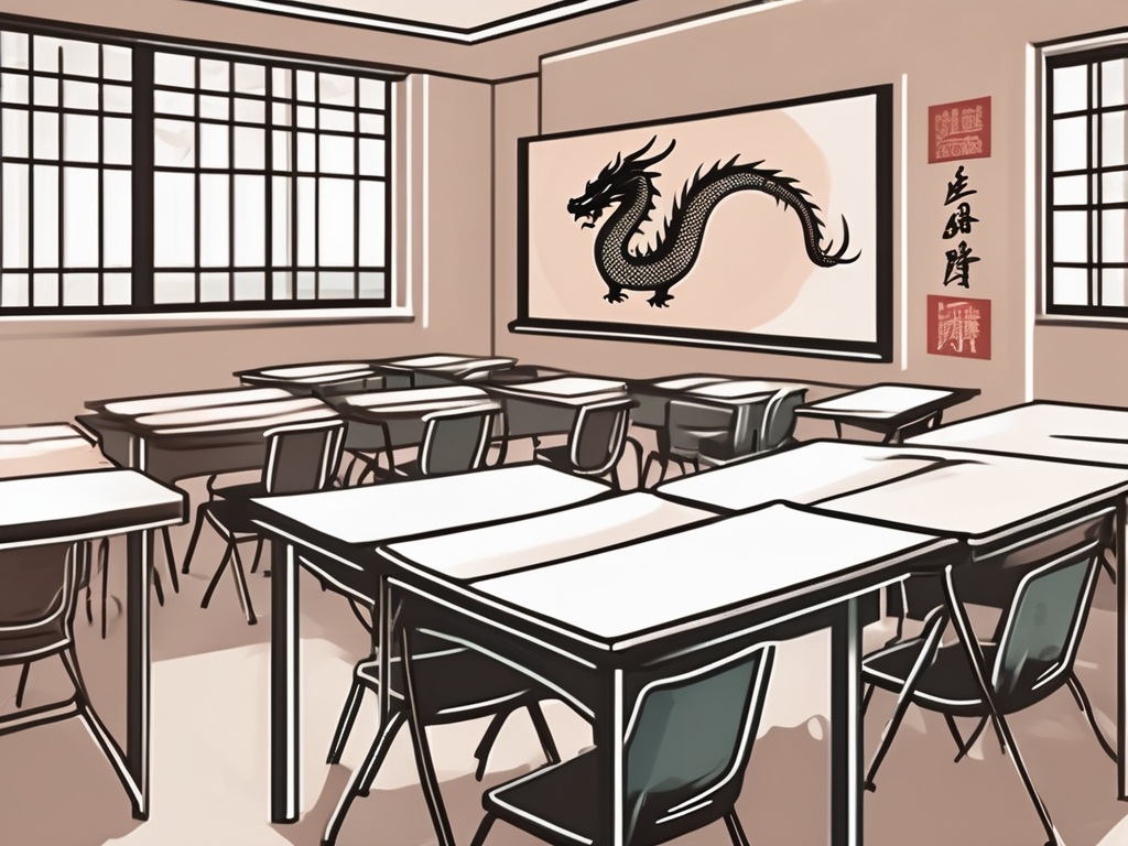 A classroom setting in hong kong with symbolic elements like a dragon (representing chinese culture) and an apple (representing education)