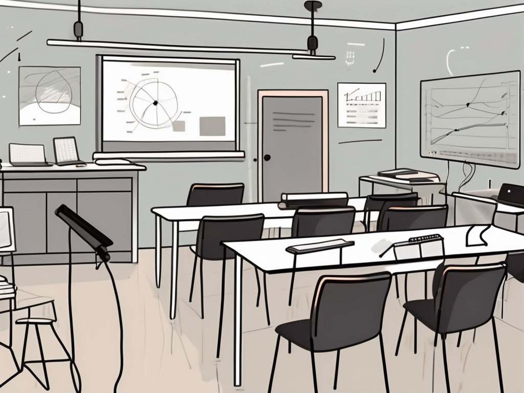 A classroom setting with various communication tools like microphones