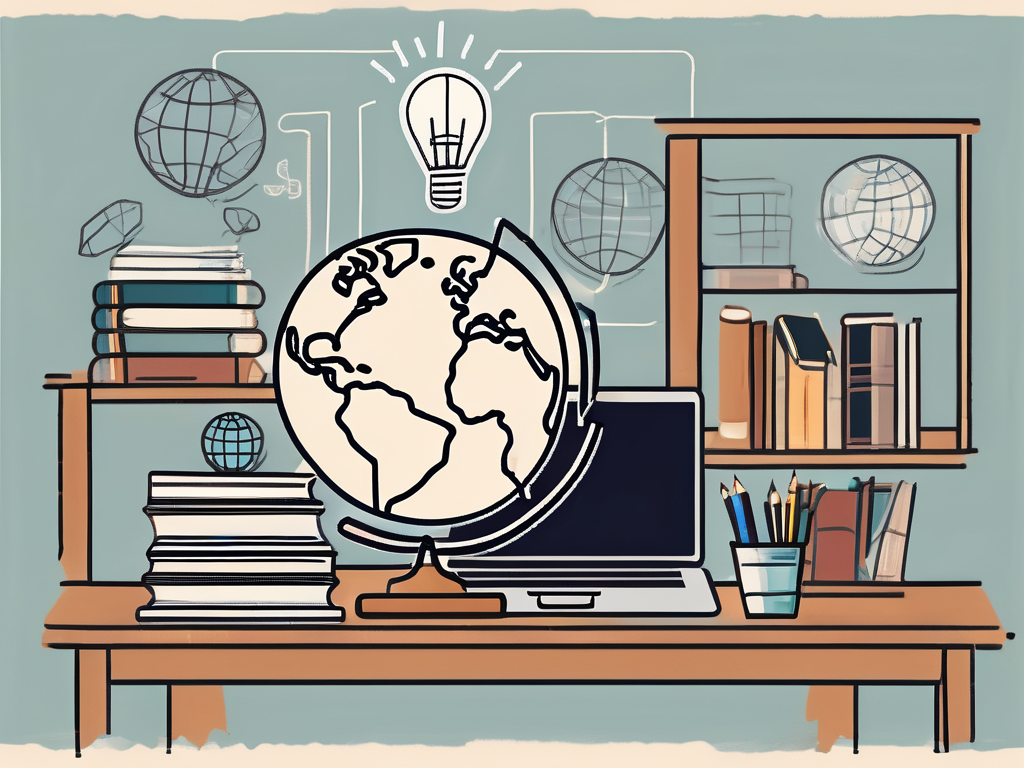 A globe with various educational icons like books