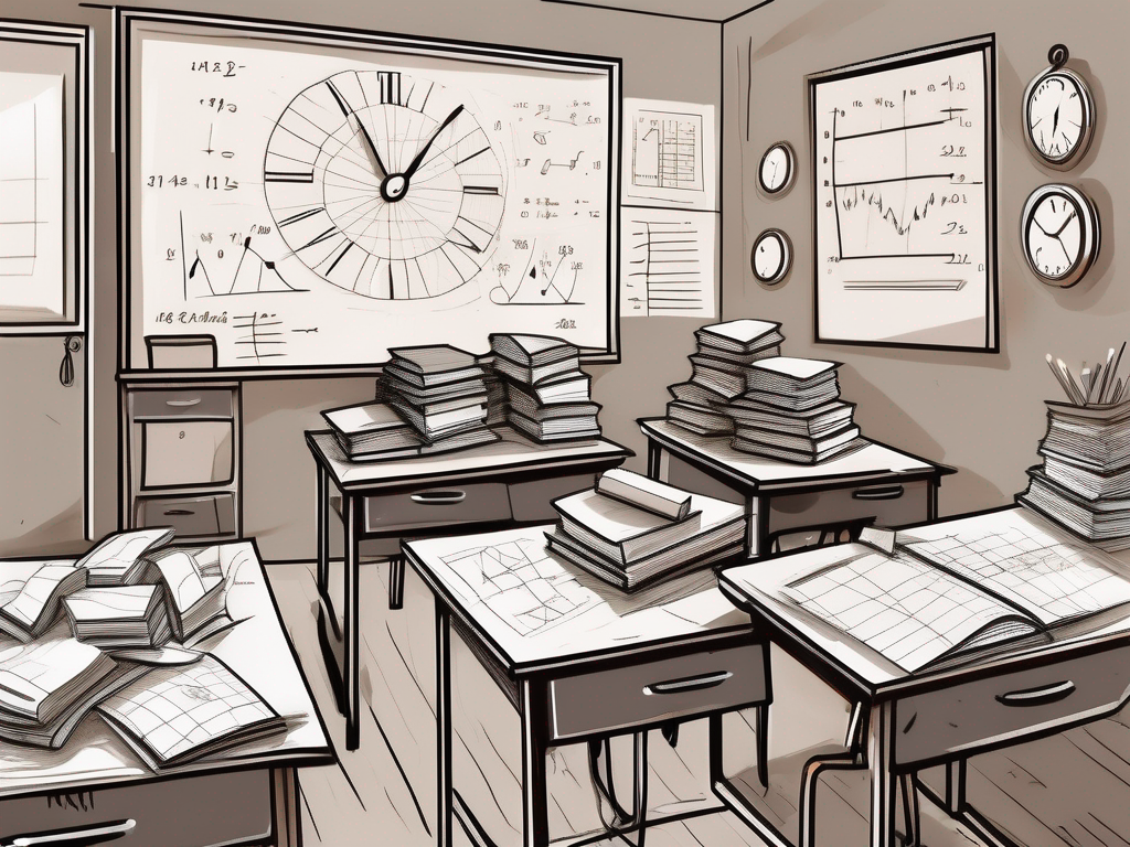 A classroom in thailand with a teacher's desk cluttered with papers and books