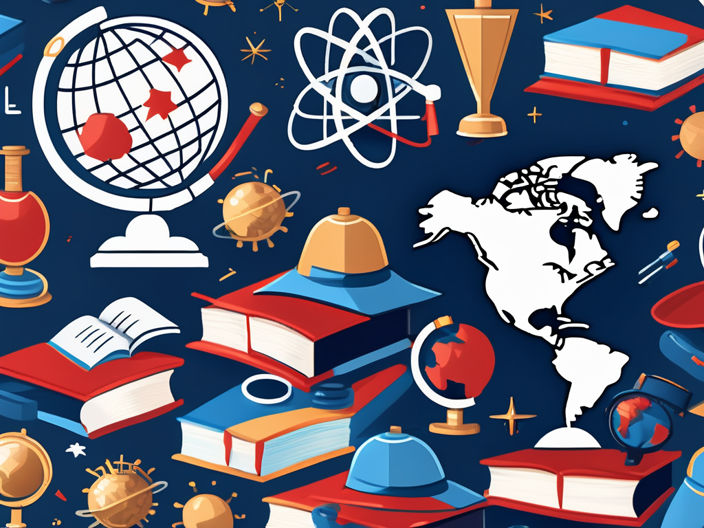 A globe with various iconic educational symbols like books