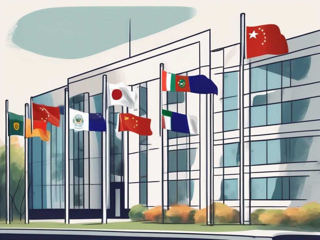 An international school building with various national flags fluttering