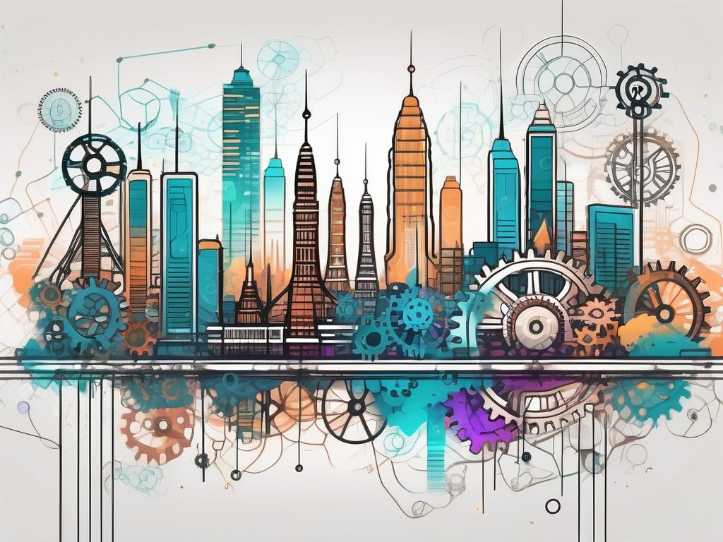 A balanced scale with various teaching tools and singaporean landmarks on each side