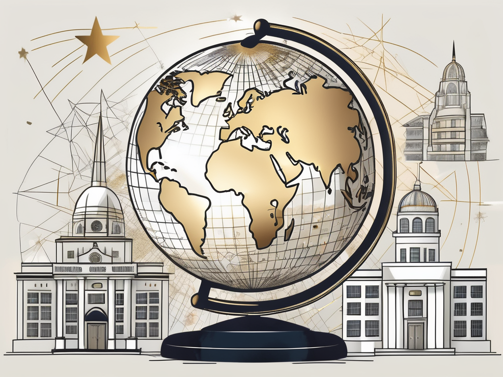 A globe with various iconic school buildings from different countries