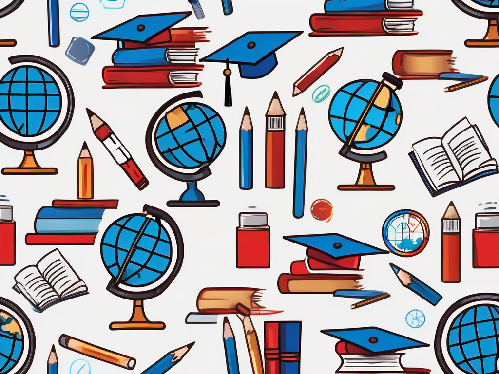 A globe surrounded by various iconic educational tools such as books
