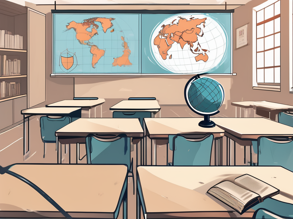 A classroom setting in china with english teaching materials like books and a globe