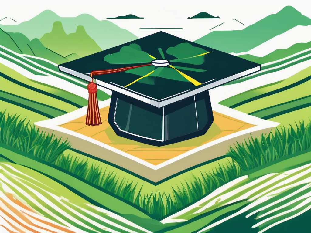 A graduation cap resting on top of a vietnamese landscape