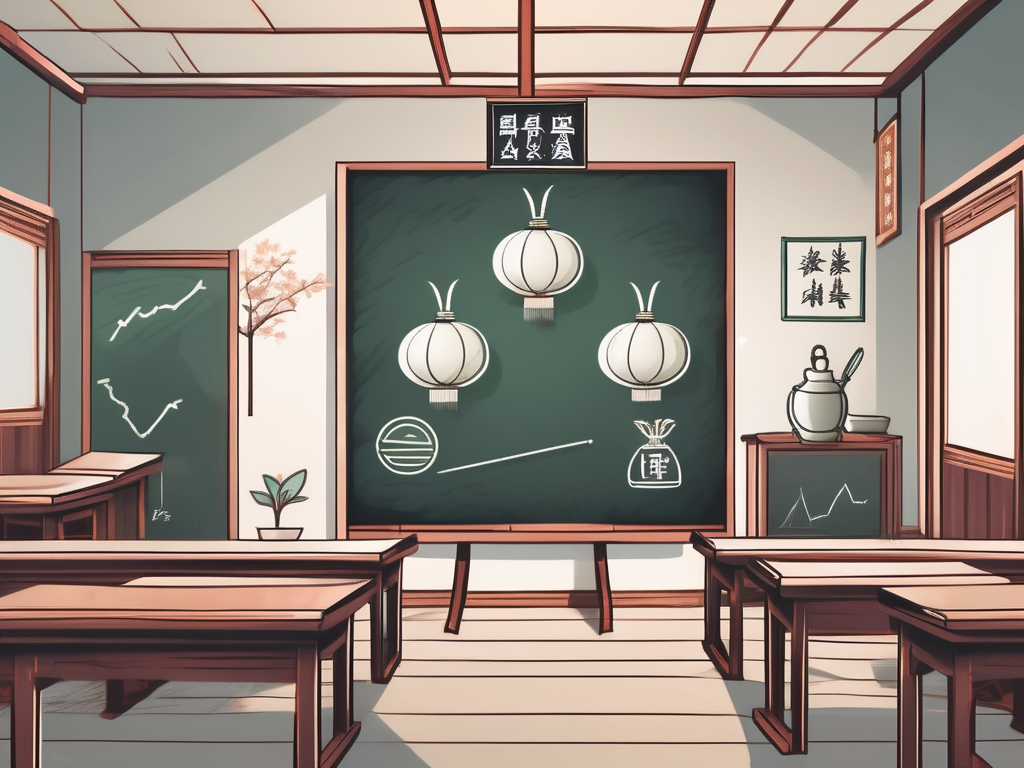 A traditional chinese classroom setting with a chalkboard displaying four distinct symbols or icons representing salary