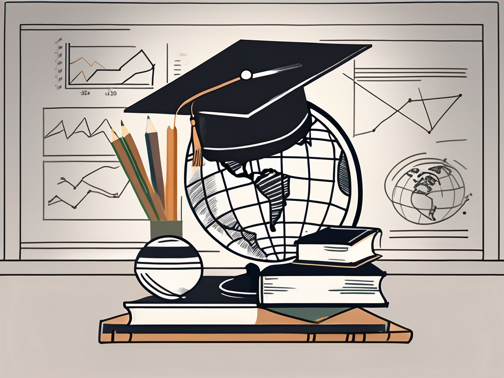 A classroom setting with a chalkboard displaying a globe