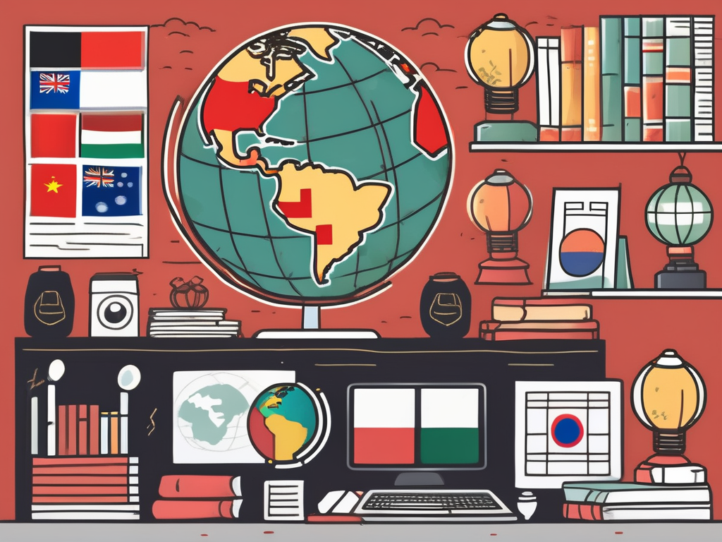 A classroom filled with various international flags