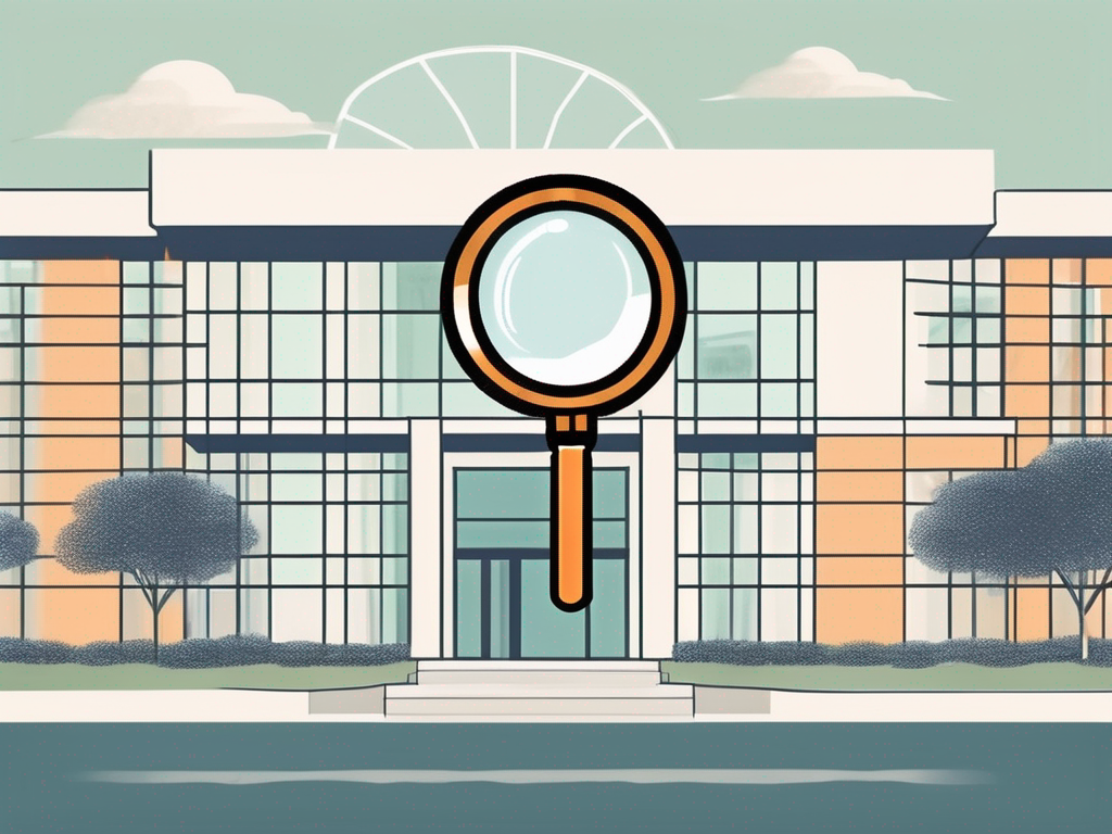 An australian international school building with a symbolic representation of a teacher's cap and a magnifying glass