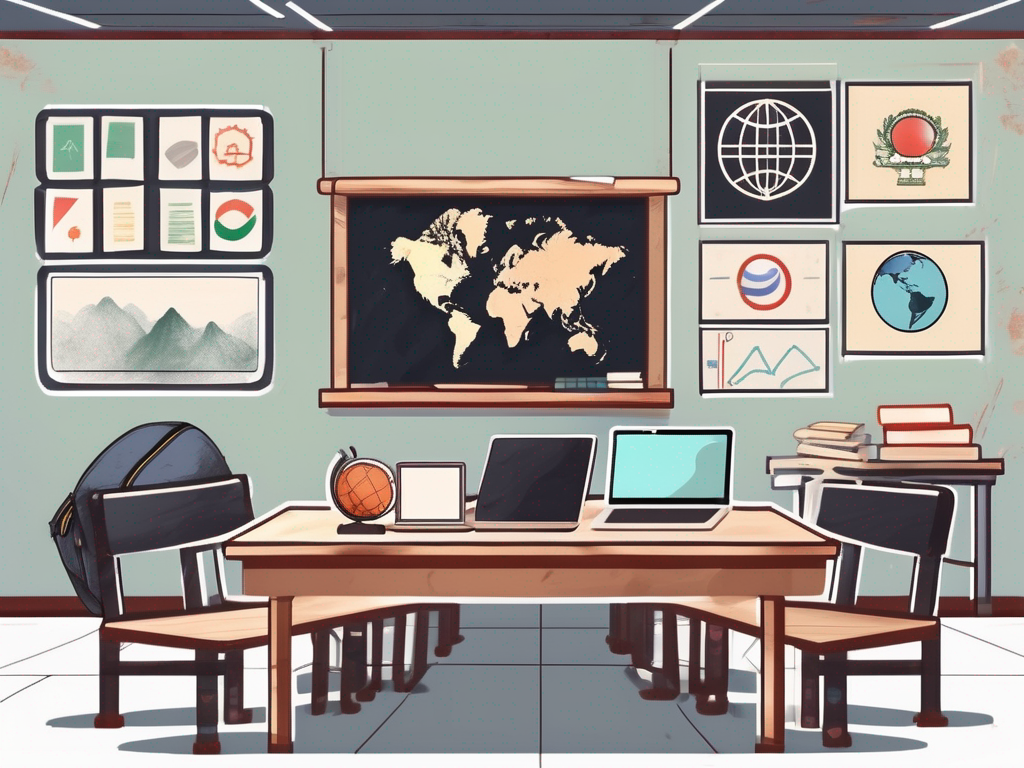 A classroom setting in china with a chalkboard displaying an iqts (international quality teaching standards) emblem