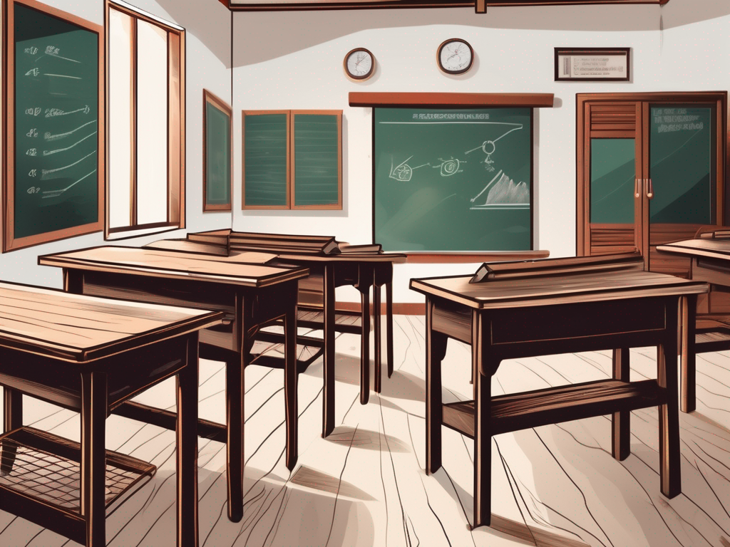 A traditional vietnamese classroom setting with a chalkboard