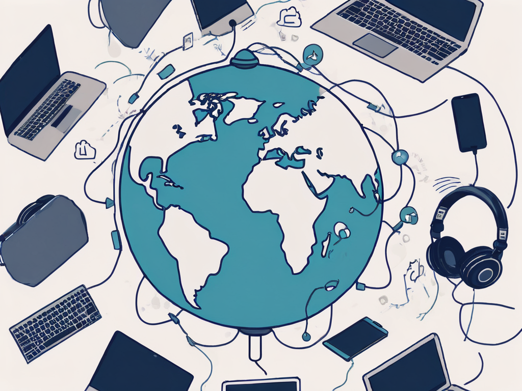 A globe with various symbols like speech bubbles