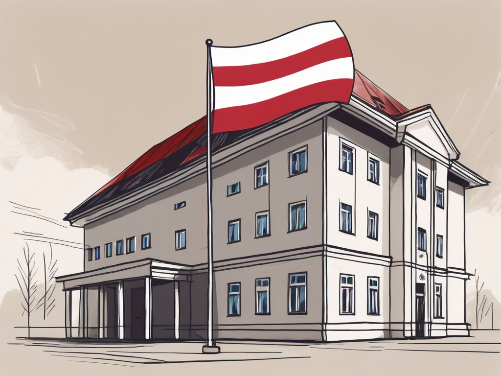 A traditional polish school building with an international flag fluttering on the flagpole