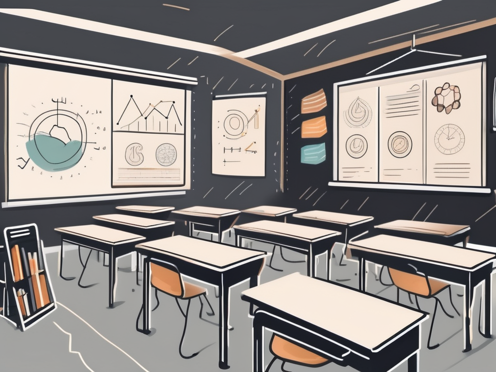 A classroom setting in dubai with a chalkboard displaying an iqts symbol