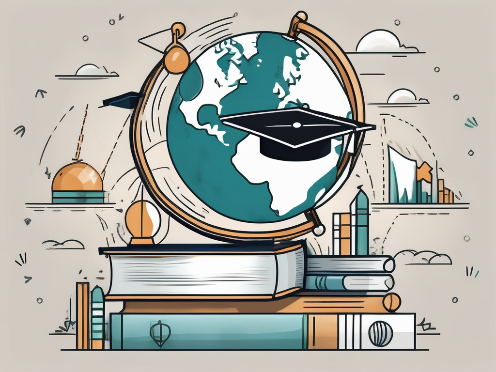 A globe with different educational icons (books