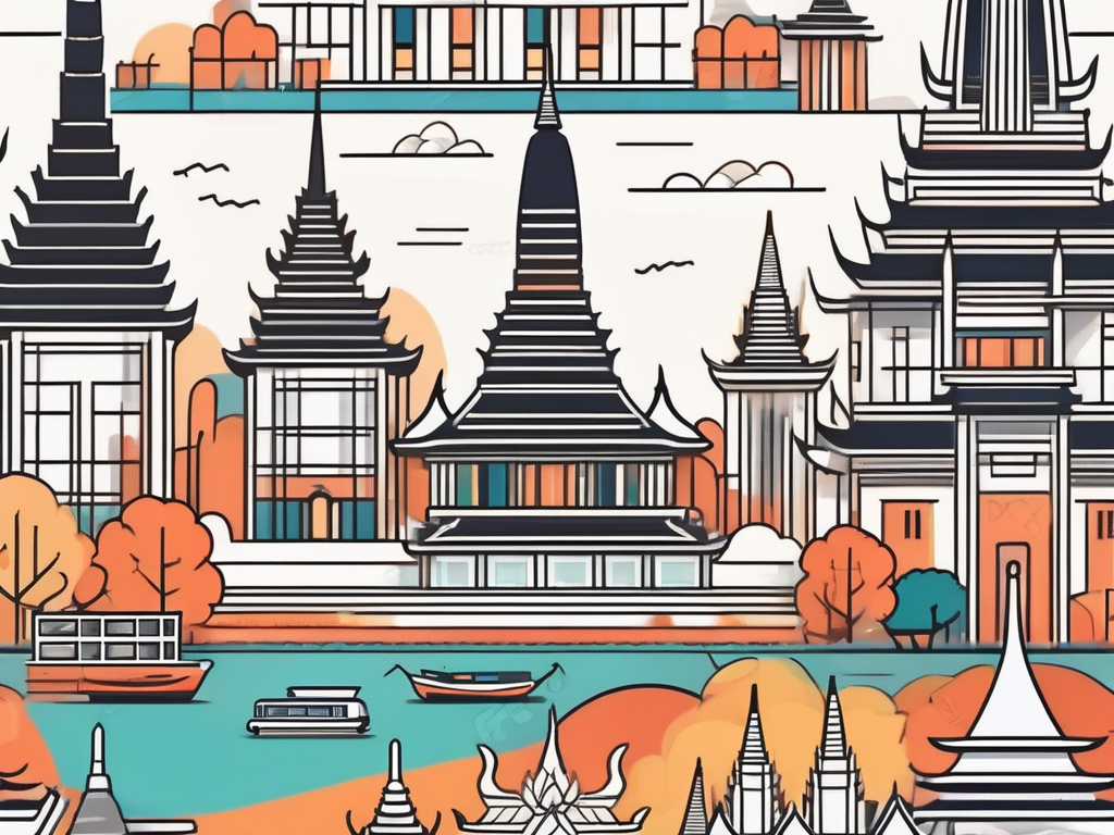A vibrant bangkok cityscape with notable landmarks like temples and the chao phraya river