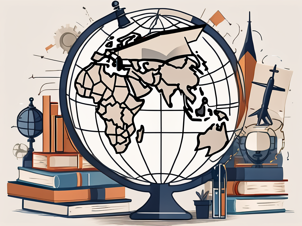 A globe with various iconic landmarks