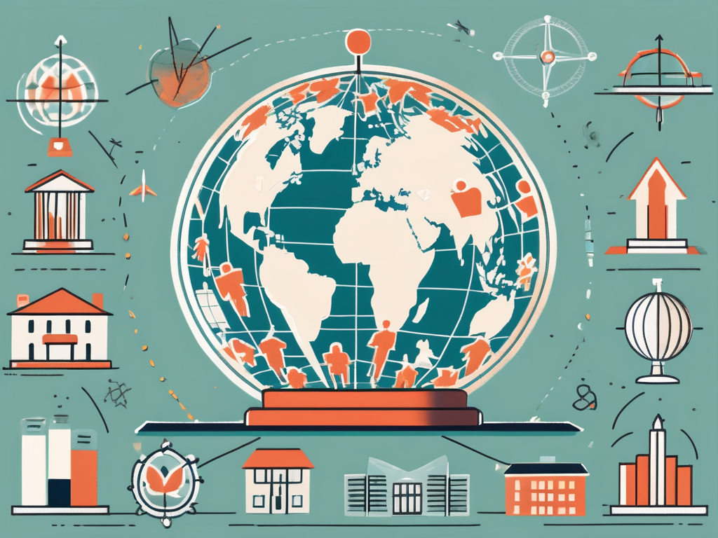 A globe with various schools represented as small icons