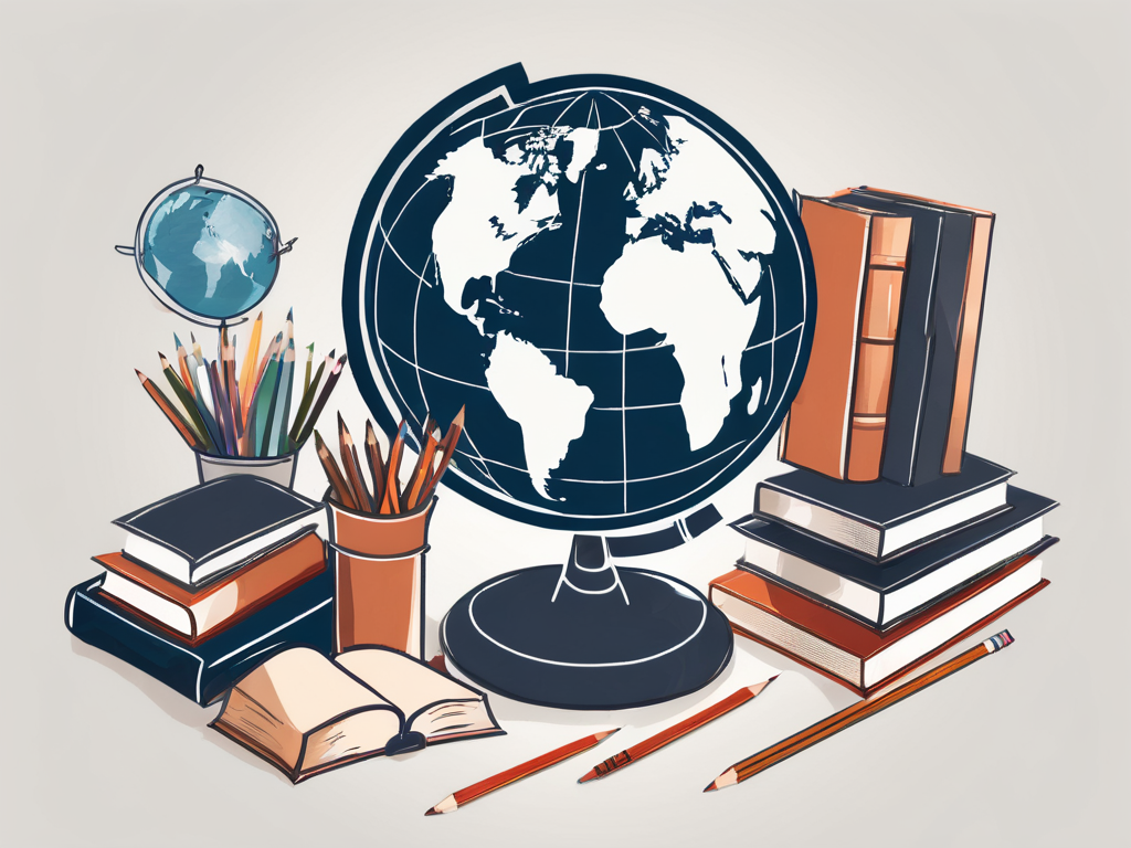 A globe surrounded by various educational tools like books