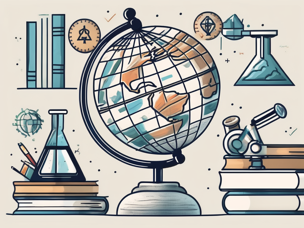 A globe with various iconic educational symbols like a graduation cap