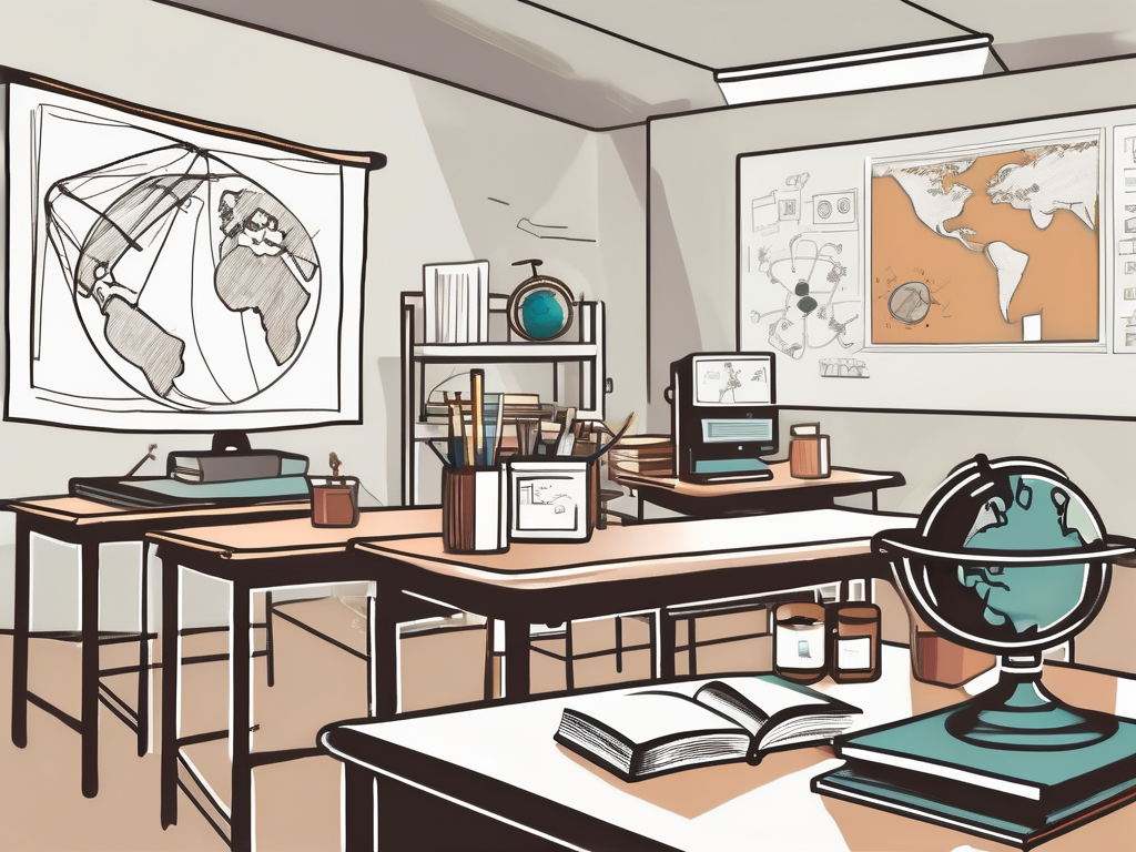 A classroom setting with various teaching aids such as books