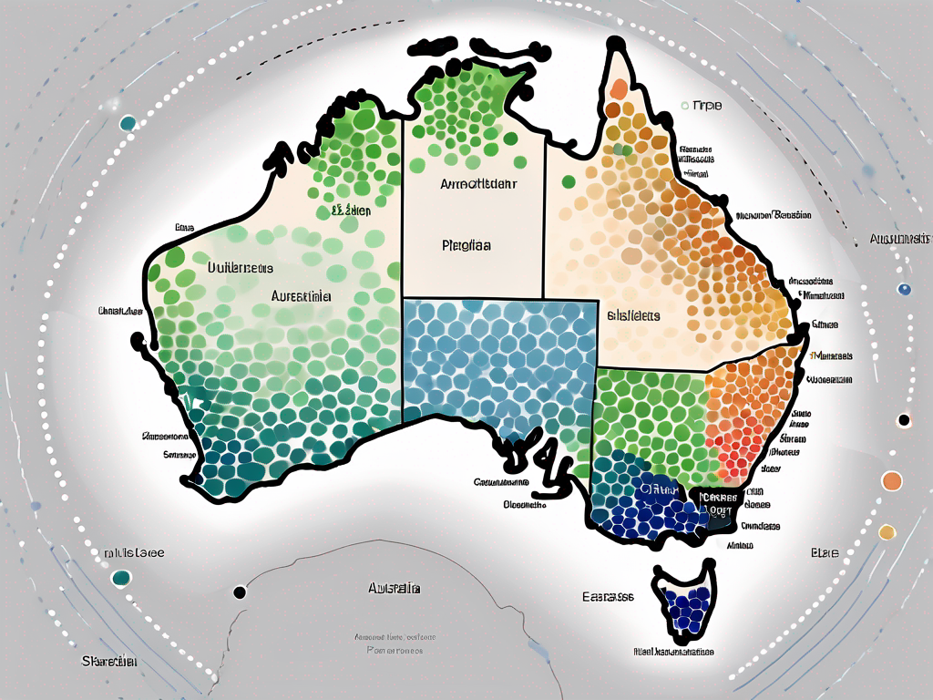 A map of australia with different sized dots representing various countries
