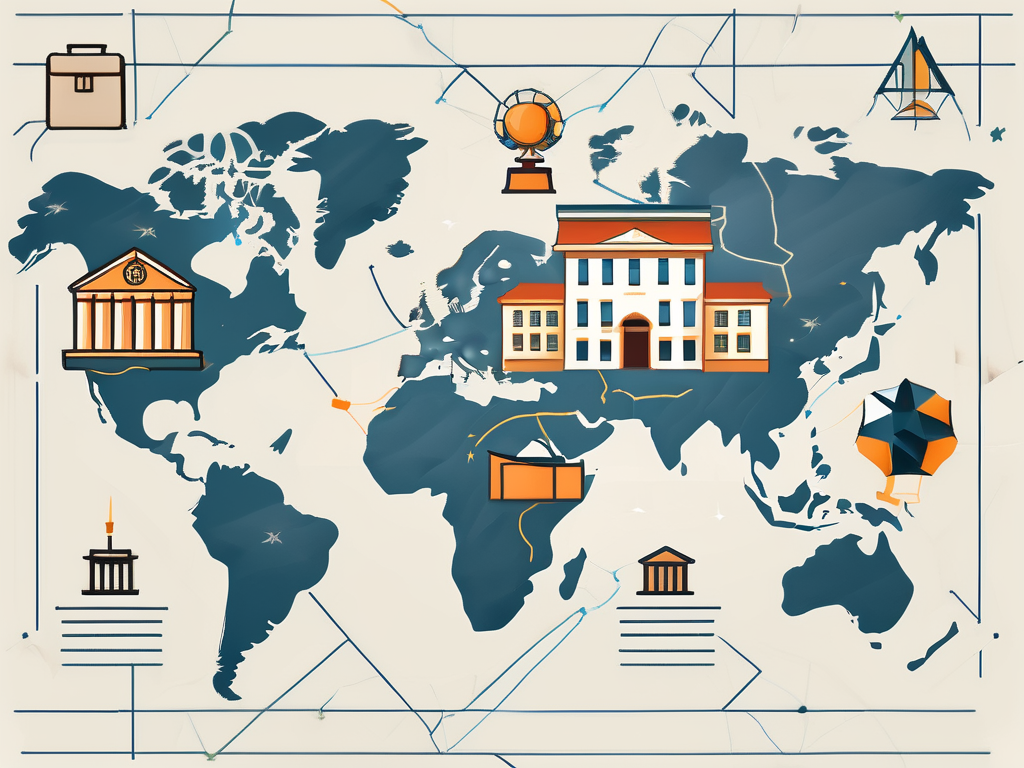 A global map with symbolic icons of a school building
