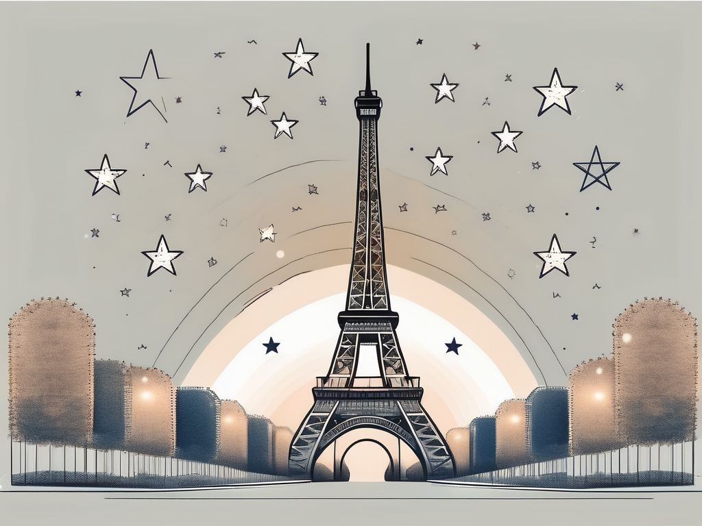 The eiffel tower with seven stars around it