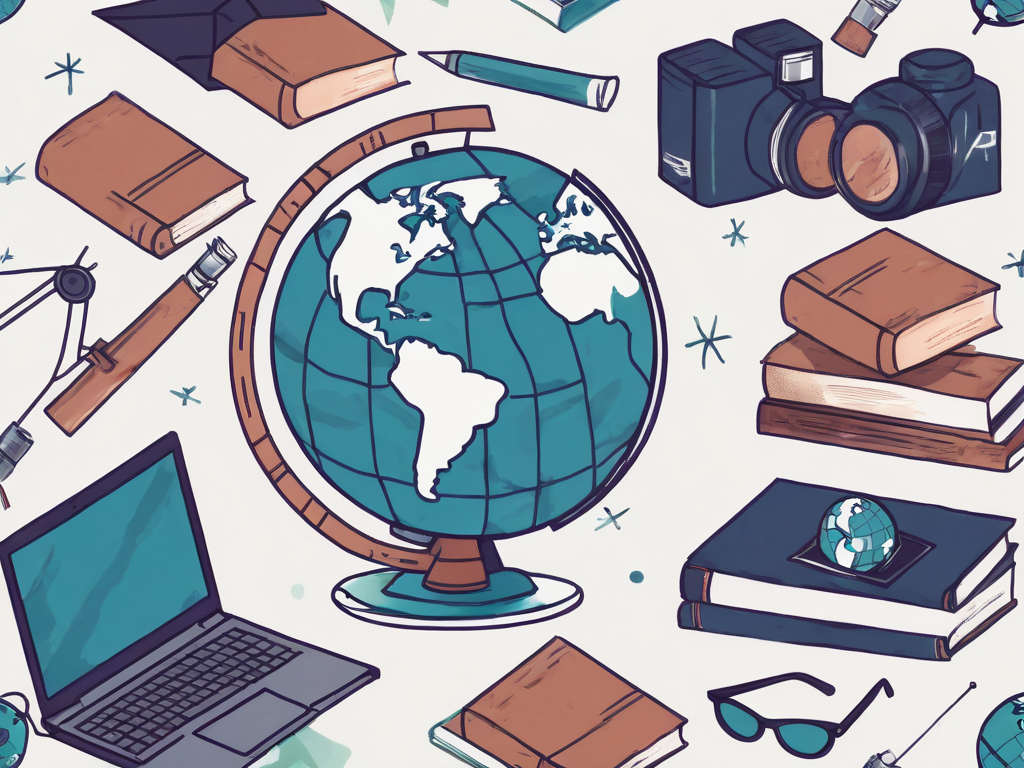 A globe with different educational tools like books