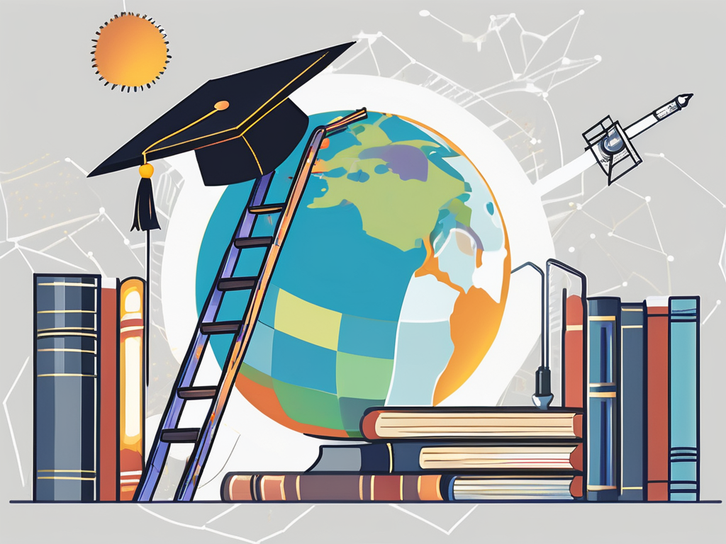 A ladder reaching towards a graduation cap in the sky