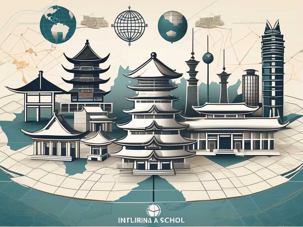 A collection of nine symbolic buildings