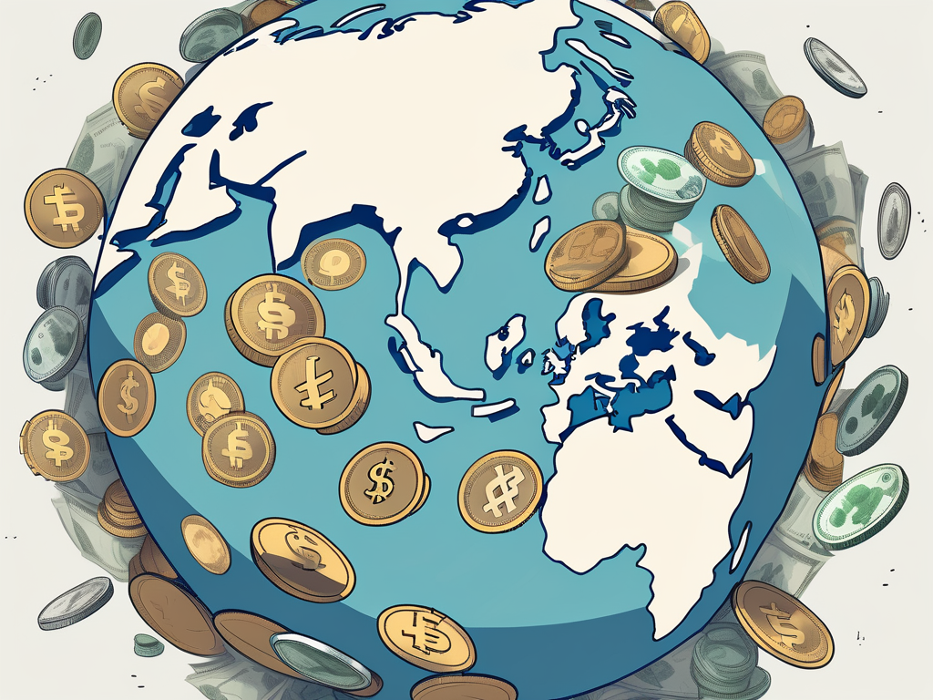 A globe with various currencies floating around it