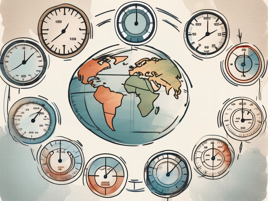 A globe with various speedometer symbols placed over different continents